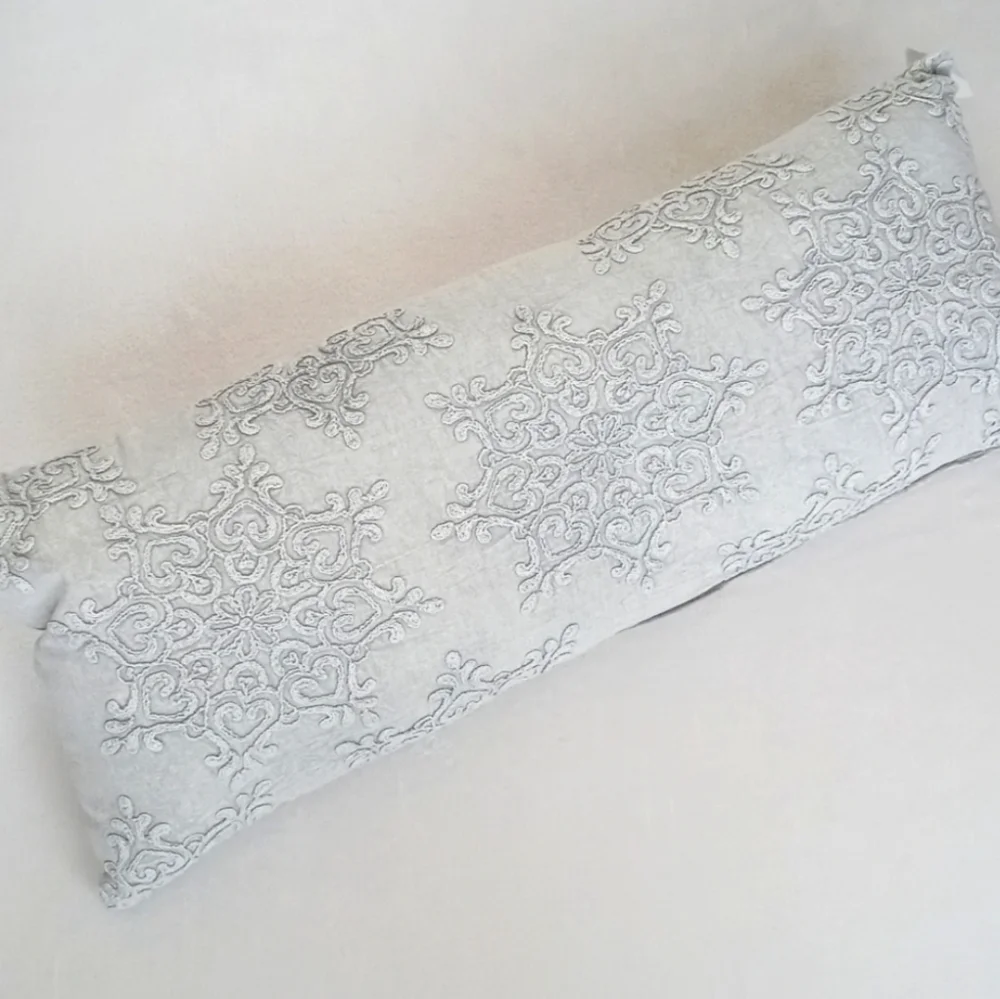 Gorgeous Muted Blue Grey Denim Batik Floral Style Long Bolster Pillow 16